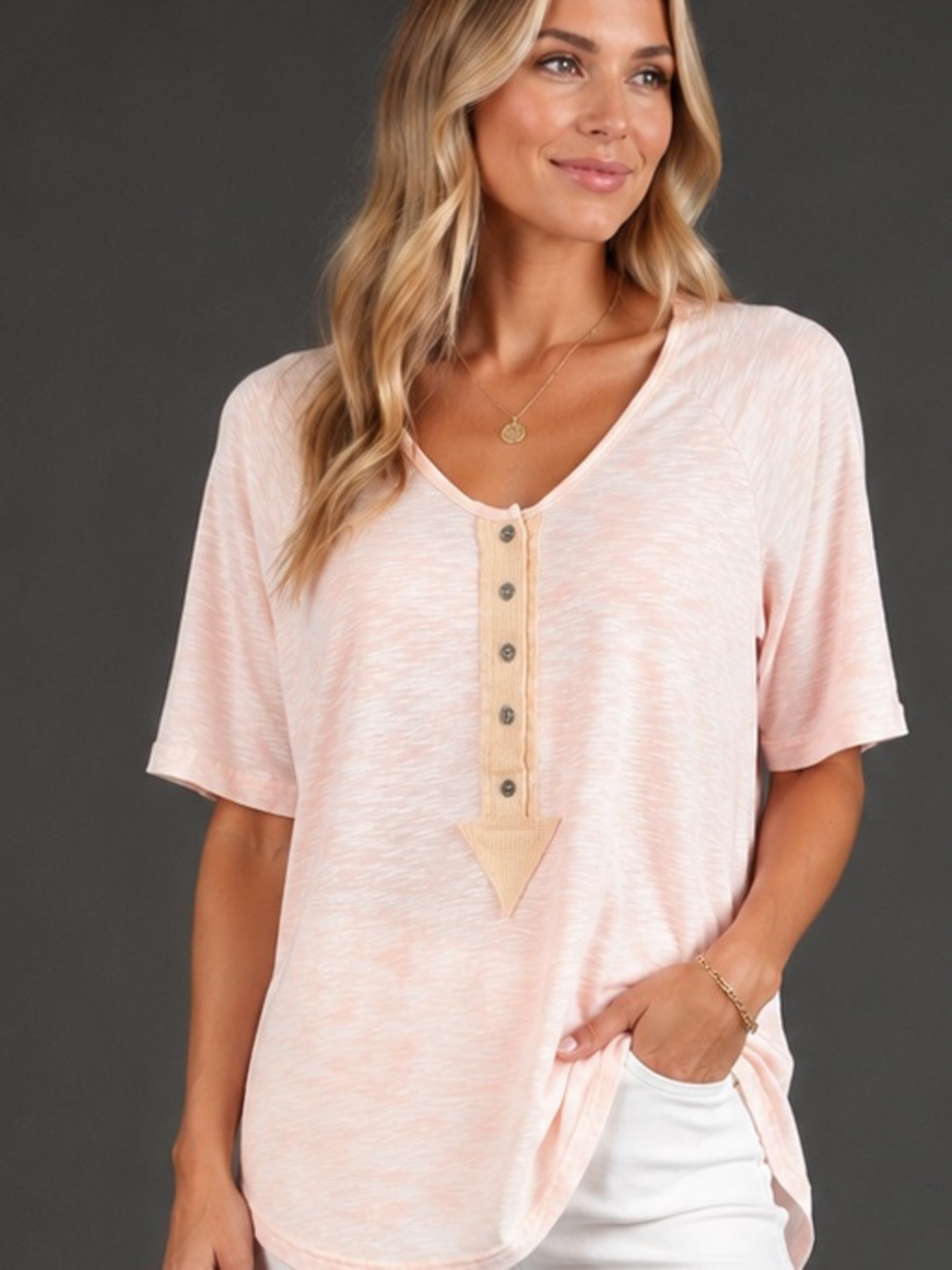 POL Blush Pink Slub Knit Henley Top Raw Edge Thermal Trim Short Sleeve Large